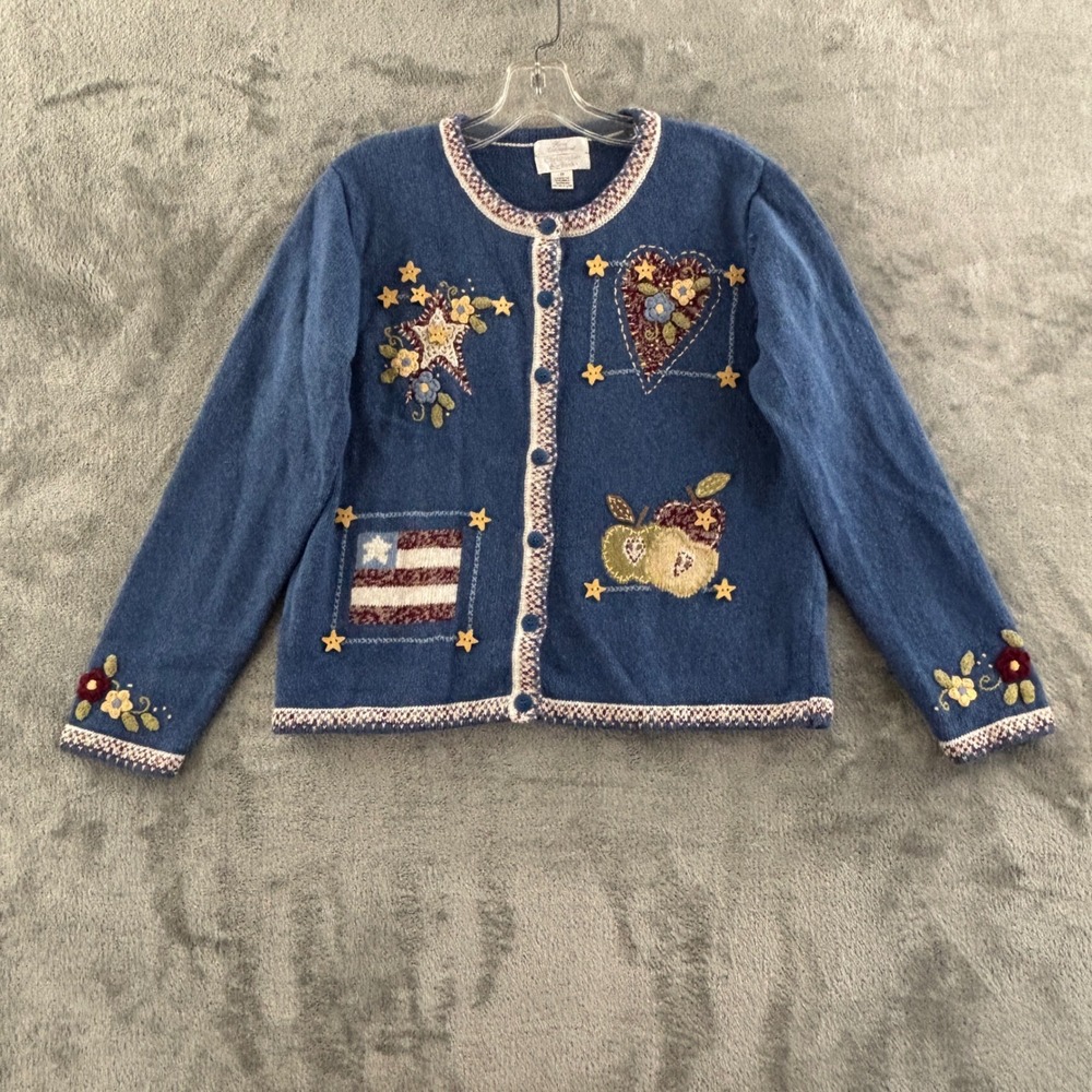 Christopher & Banks USA Flag Patriotic Button Cardigan Womens M Blue Embroidered